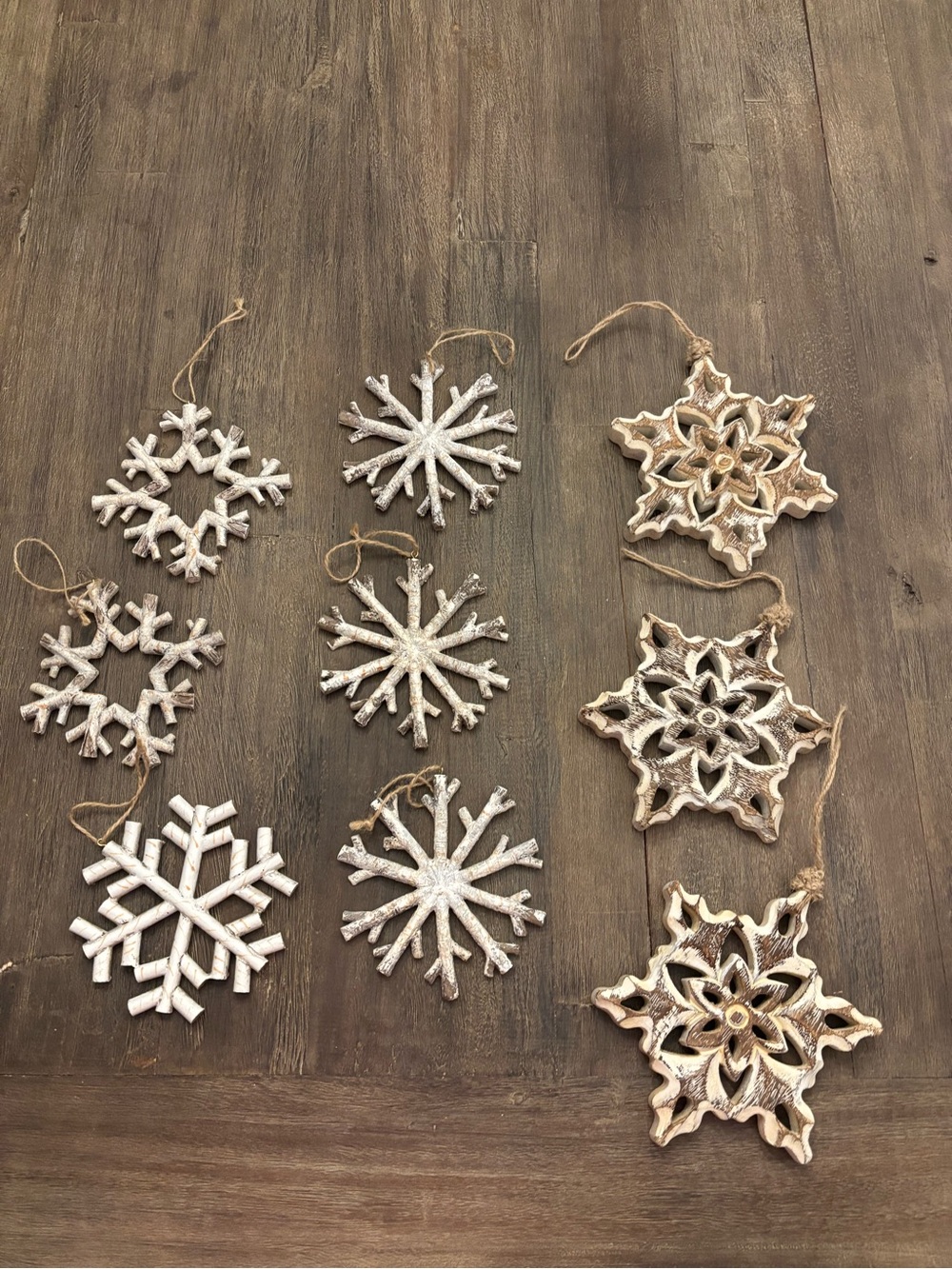 Rustic Snowflake Ornaments - lot of 9 - like new